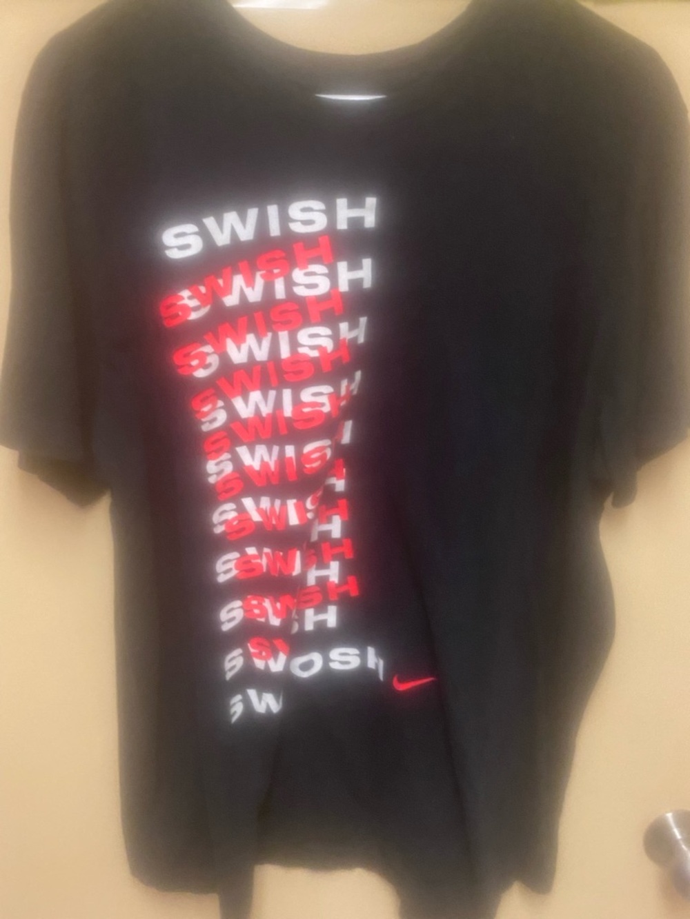 Nike Black Short Sleeve 'Swish' Stacked Graphic Tee with Red & White Print